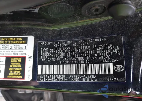 2015 Toyota Avalon Hybrid Limited from USA, damaged, VIN 4T1BD1EB7FU038190